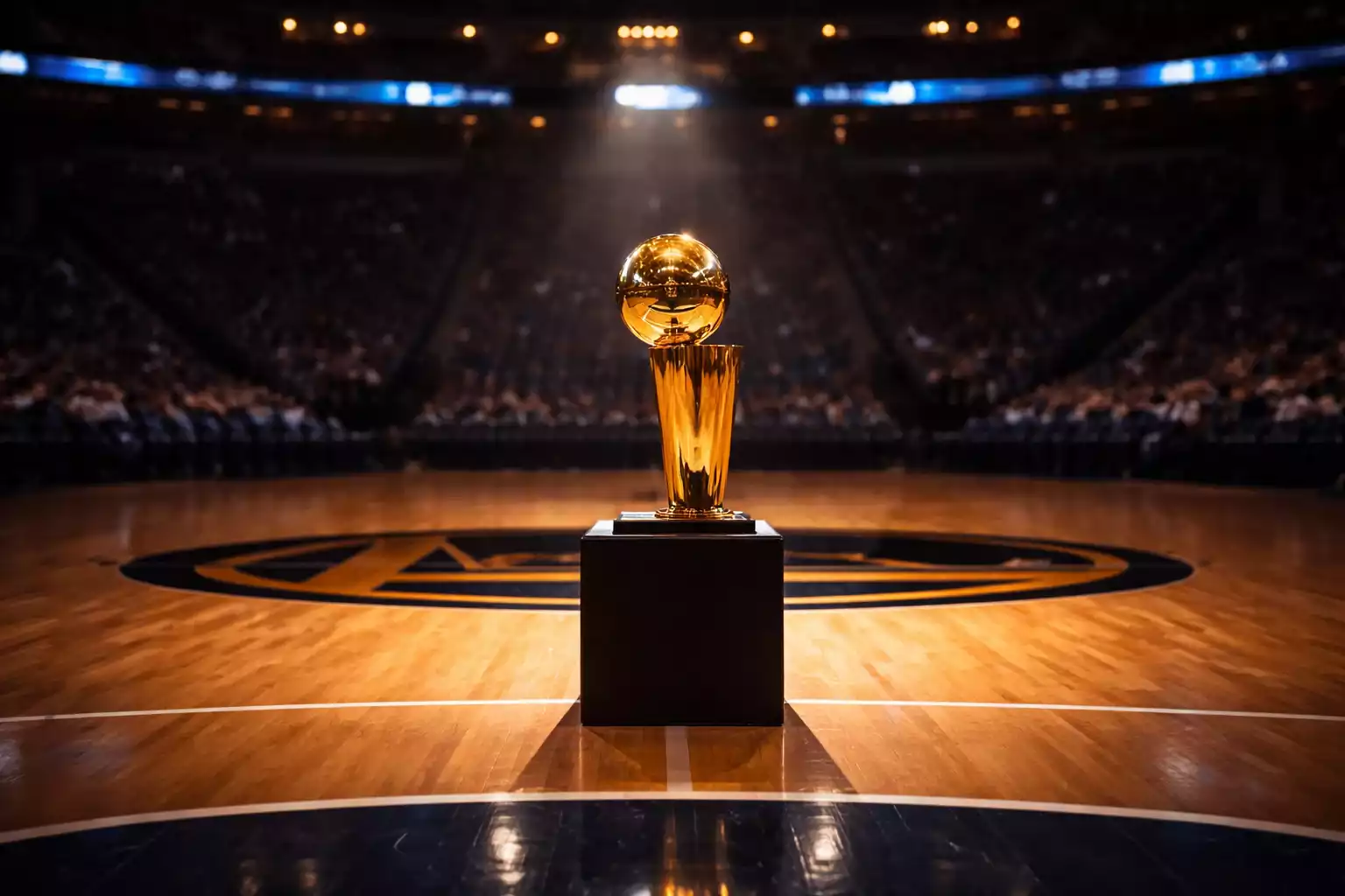 Basketball arena with championship trophy in spotlight