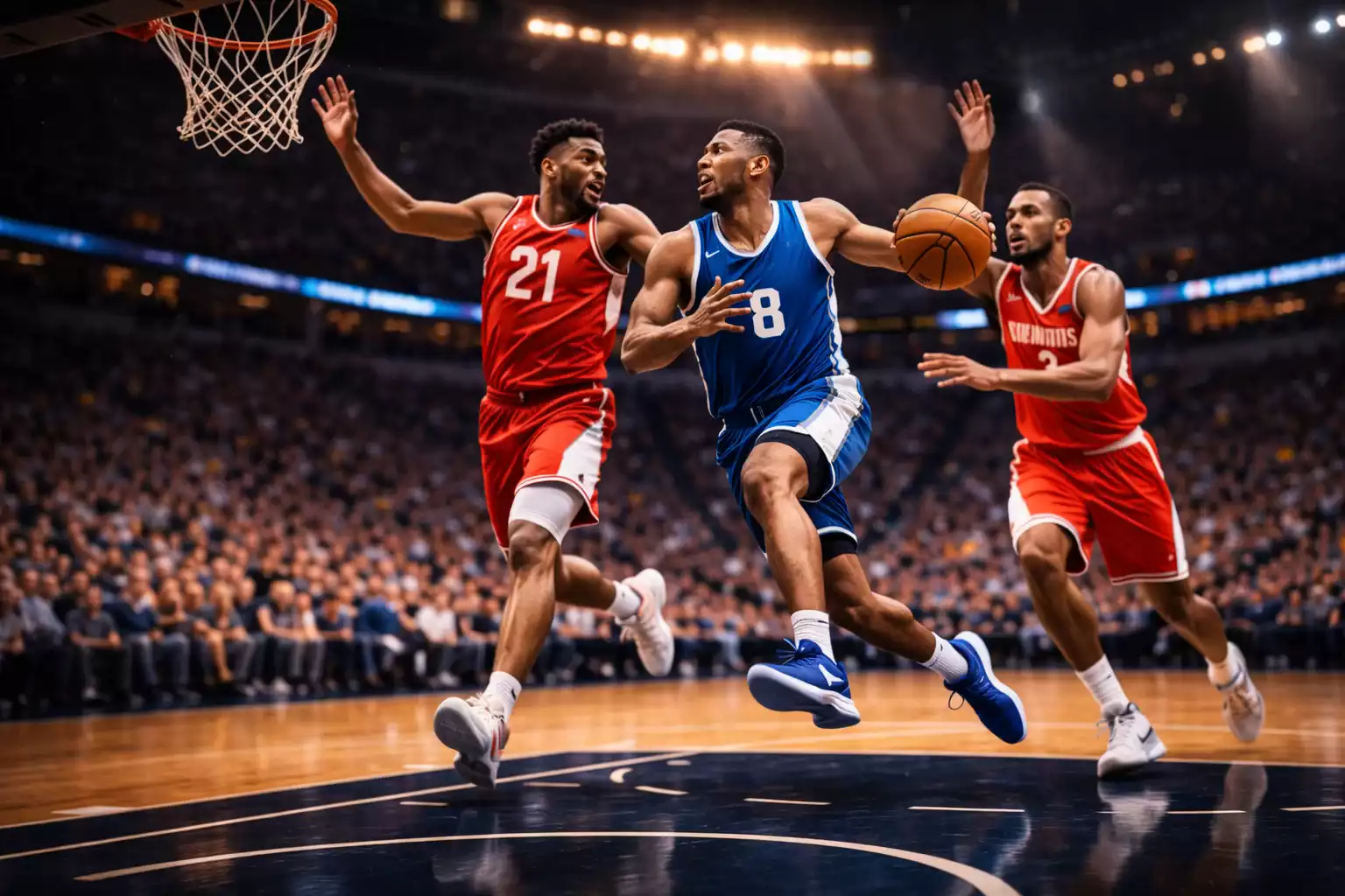 NBA basketball game in arena with scoreboard showing live betting action