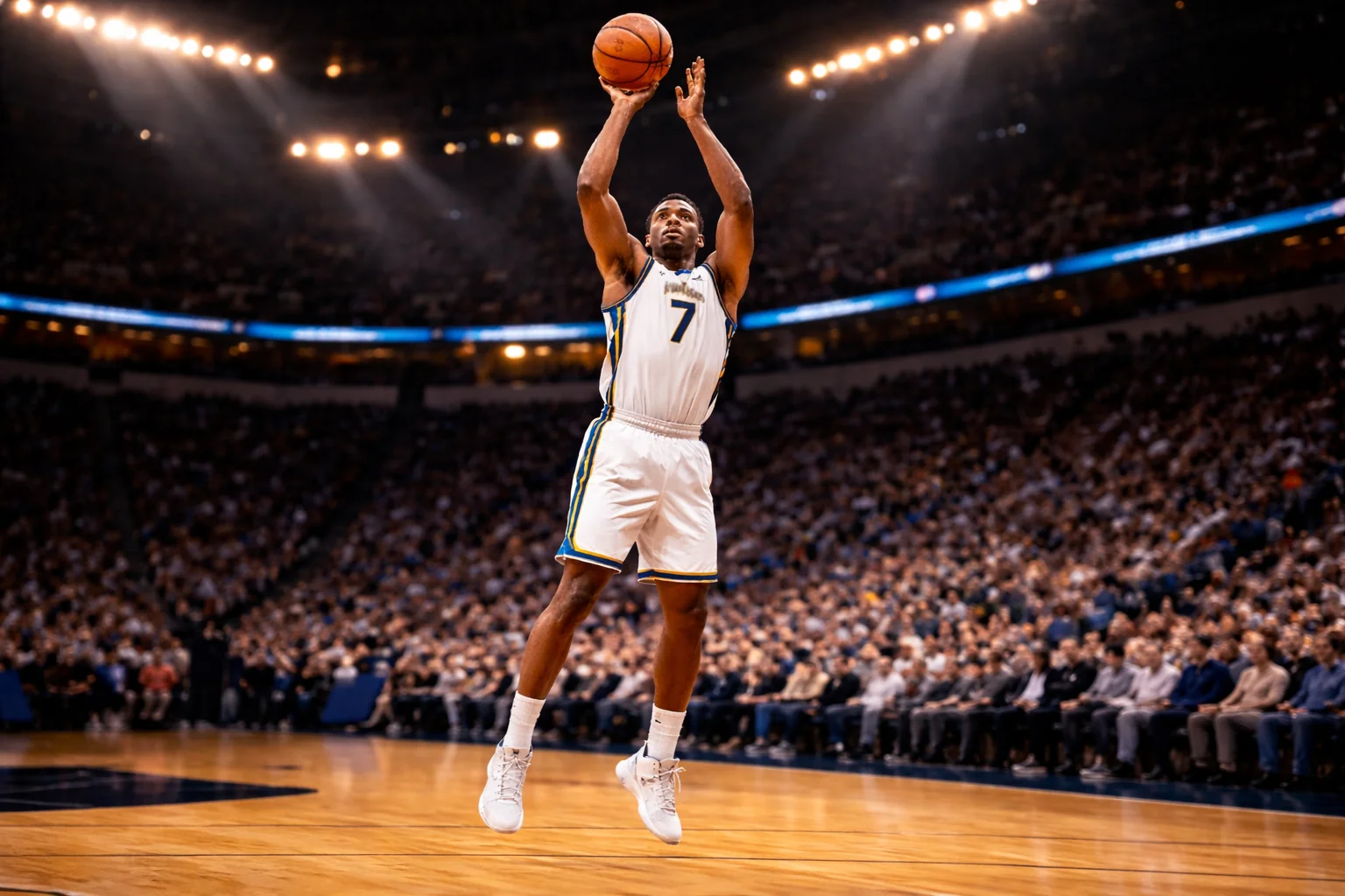 NBA basketball player shooting a jump shot during professional game