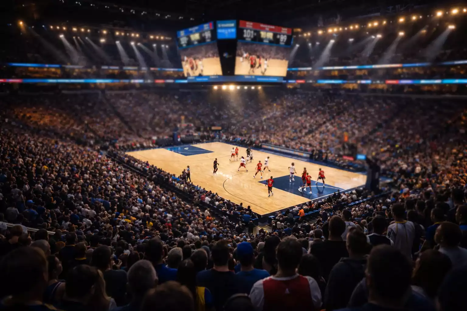 NBA basketball arena during an intense game with scoreboard showing close spread