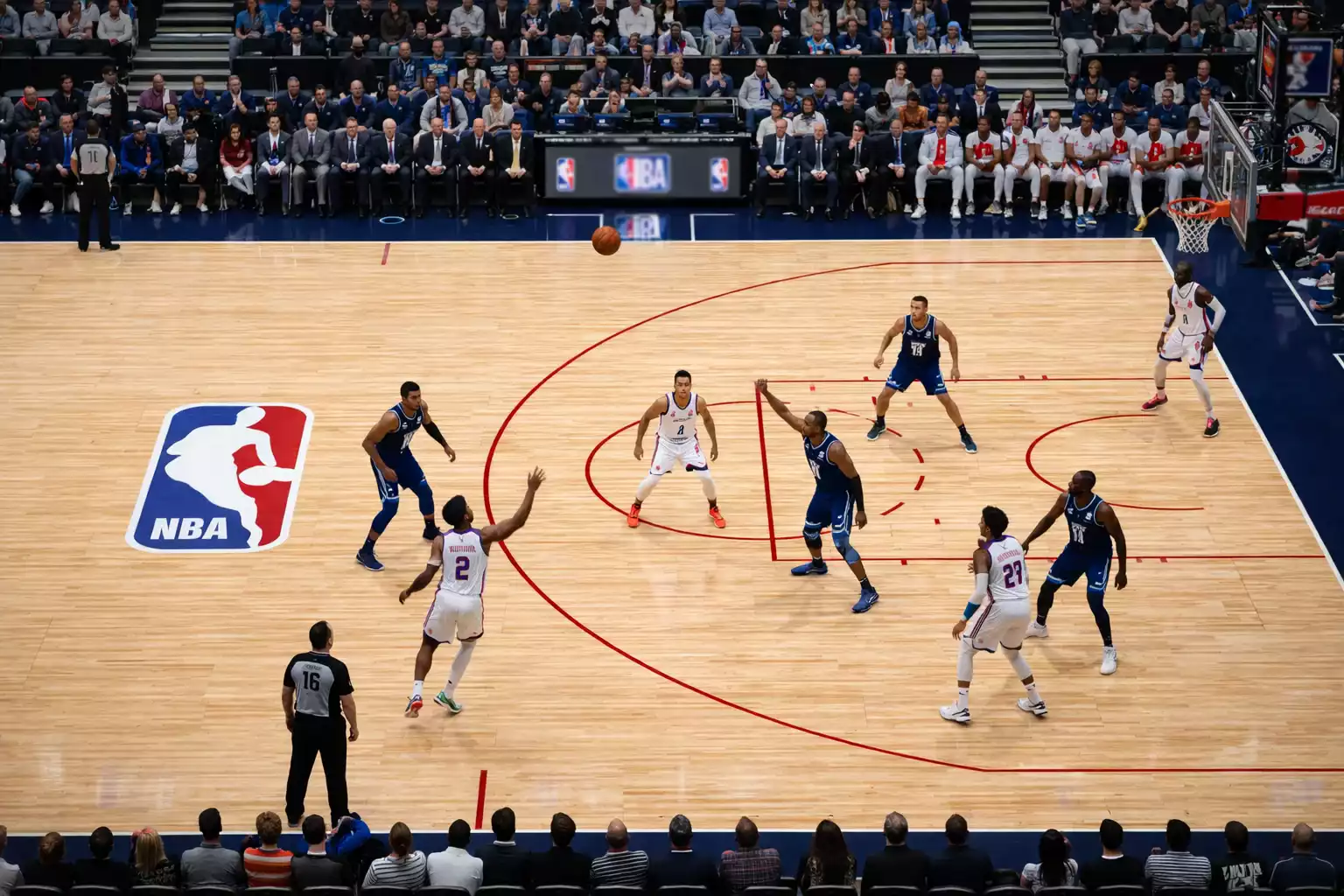 Basketball court view with betting spread numbers overlay